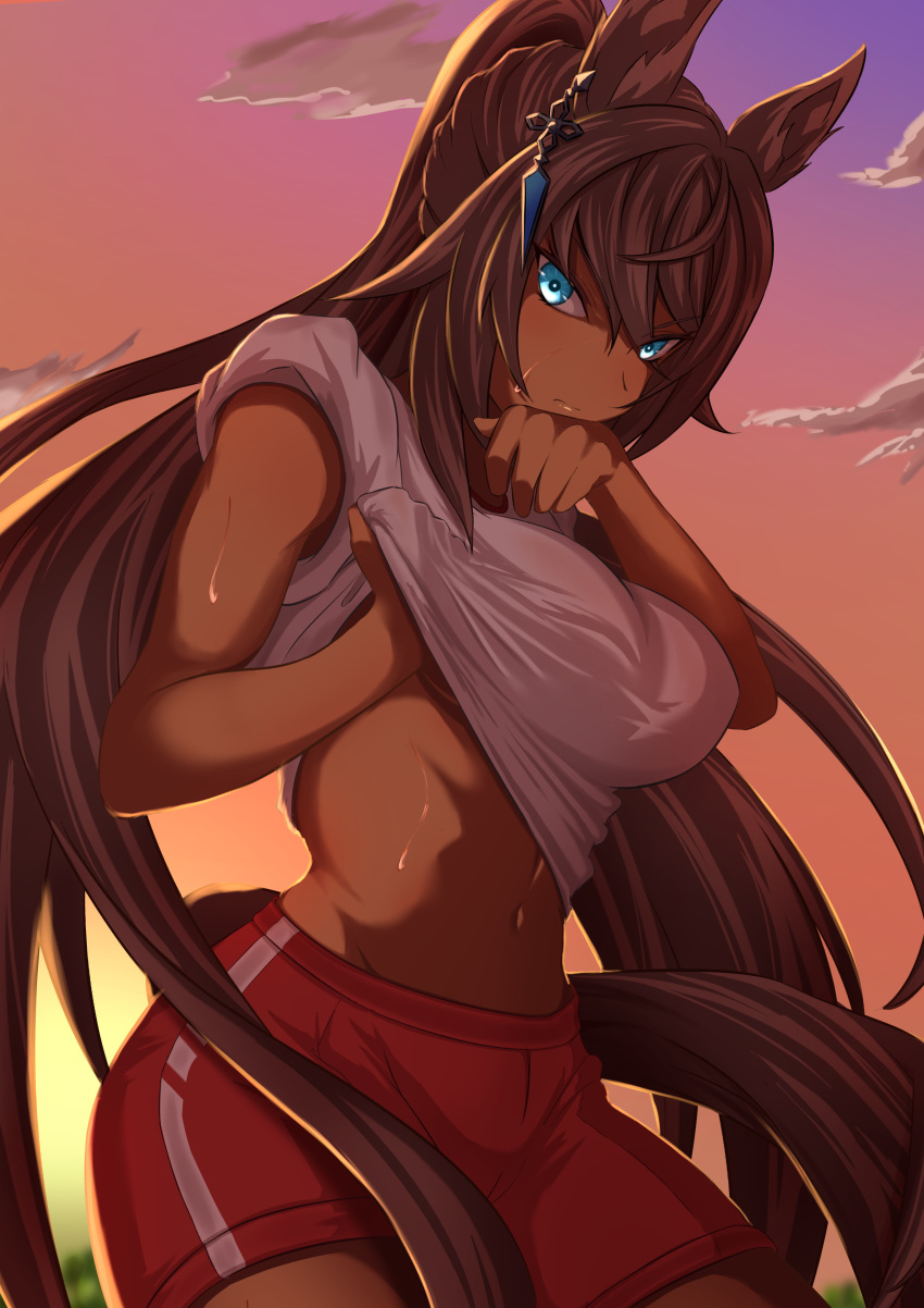 1girl abs absurdres animal_ears black_hair blue_eyes breasts clothes_lift cloud cloudy_sky commentary_request cowboy_shot dark-skinned_female dark_skin earrings eve_on_k highres horse_ears horse_girl horse_tail jewelry large_breasts lifted_by_self long_hair looking_at_viewer navel outdoors partial_commentary ponytail red_shorts shirt shirt_lift shorts single_earring sky sleeves_rolled_up solo sunset sweat symboli_kris_s_(umamusume) tail umamusume very_long_hair white_shirt