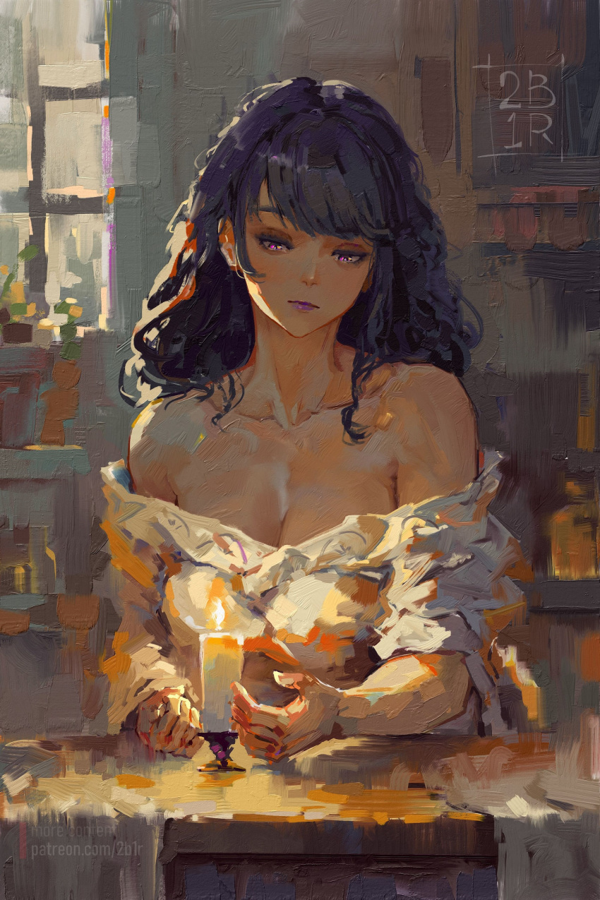 1girl absurdres artist_name bare_shoulders blush breasts candle candlelight candlestand canvas_(medium) cleavage commentary faux_traditional_media genshin_impact highres large_breasts lipstick long_hair looking_at_object makeup painterly purple_eyes purple_hair purple_lips raiden_shogun ravine_bells shirt solo