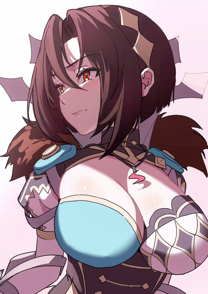 1girl alternate_breast_size armored_collar asymmetrical_bangs asymmetrical_clothes black_hair breast_focus breasts cleavage cleavage_cutout close-up clothing_cutout expressionless fire_emblem fire_emblem_engage fur_trim gbbgb321 hair_between_eyes highres huge_breasts jewelry long_sleeves looking_to_the_side necklace nel_(fire_emblem) parted_bangs puffy_sleeves red_eyes short_hair simple_background solo