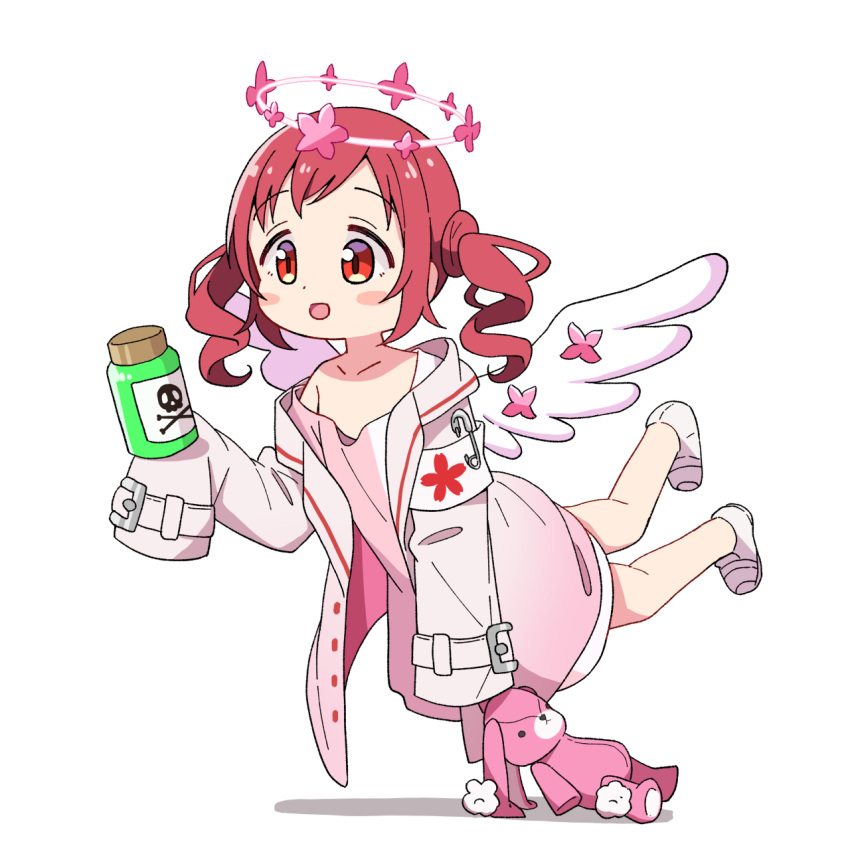 1girl angel_wings armband blush_stickers bottle coat collarbone commentary_request dress flat_chest floating flower gochuumon_wa_usagi_desu_ka? halo highres holding holding_bottle looking_at_viewer mohei natsu_megumi no_shoes open_mouth oversized_clothes pink_coat pink_dress pink_halo poison red_eyes red_hair safety_pin shadow short_hair sidelocks simple_background single_off_shoulder skull_and_crossbones sleeves_past_wrists socks solo stuffed_animal stuffed_rabbit stuffed_toy twintails wavy_hair white_armband white_background white_socks wings