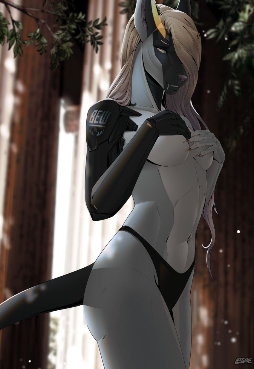 2023 5_fingers anthro breasts canid canine clothed clothing detailed_background digital_media_(artwork) eyebrows eyelashes female fingers hi_res lesspie mammal navel standing