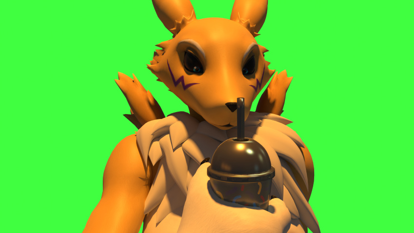 absurd_res anthro bandai_namco beverage blender_(software) blender_cycles digimon digimon_(species) female green_background grimace_birthday_shake hi_res holding_object looking_at_object mark6o9 renamon simple_background solo warfaremachine