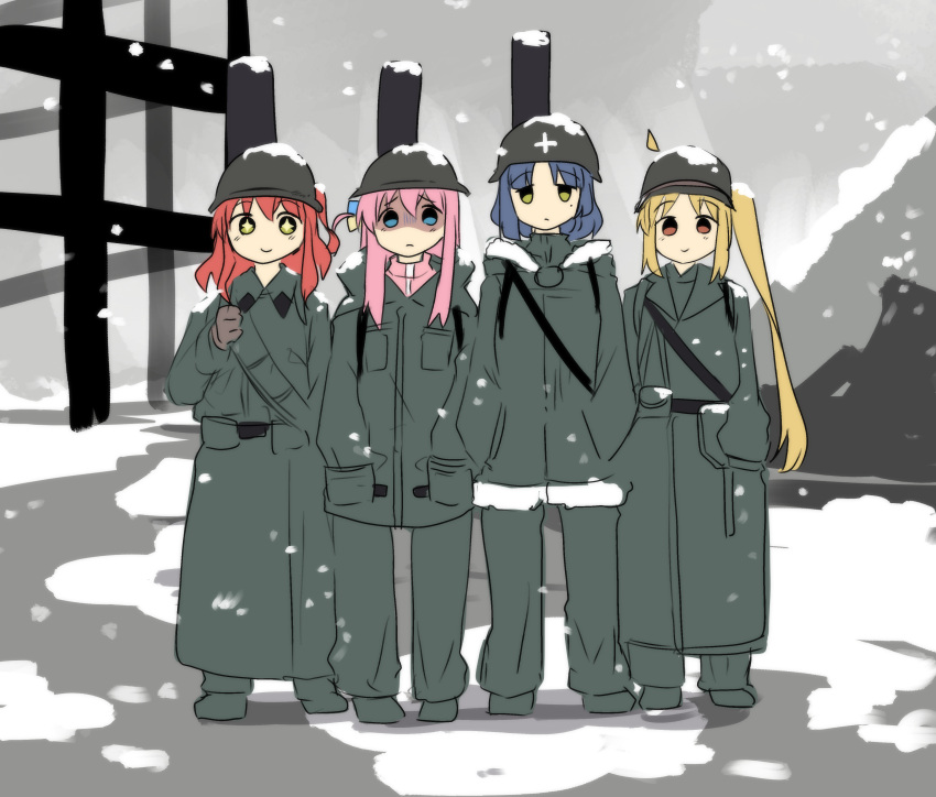 +_+ 4girls absurdres ahoge alternate_costume black_hair blonde_hair blue_eyes blurry bocchi_the_rock! brodie_helmet brown_eyes coat commentary cube_hair_ornament depth_of_field detached_ahoge drill_hair english_commentary full_body gloom_(expression) gotou_hitori green_coat green_hair hair_between_eyes hair_ornament helmet highres hinghoi ijichi_nijika jacket kita_ikuyo long_hair long_sleeves looking_at_viewer military military_helmet military_uniform mole mole_under_eye multiple_girls one_side_up parody parted_bangs pink_hair pink_jacket red_hair shaded_face short_hair shoujo_shuumatsu_ryokou shoulder_belt side_ponytail sidelocks sketch snow snowing standing style_parody track_jacket tsukumizu_yuu_(style) turtleneck turtleneck_jacket uniform winter_clothes winter_coat yamada_ryou