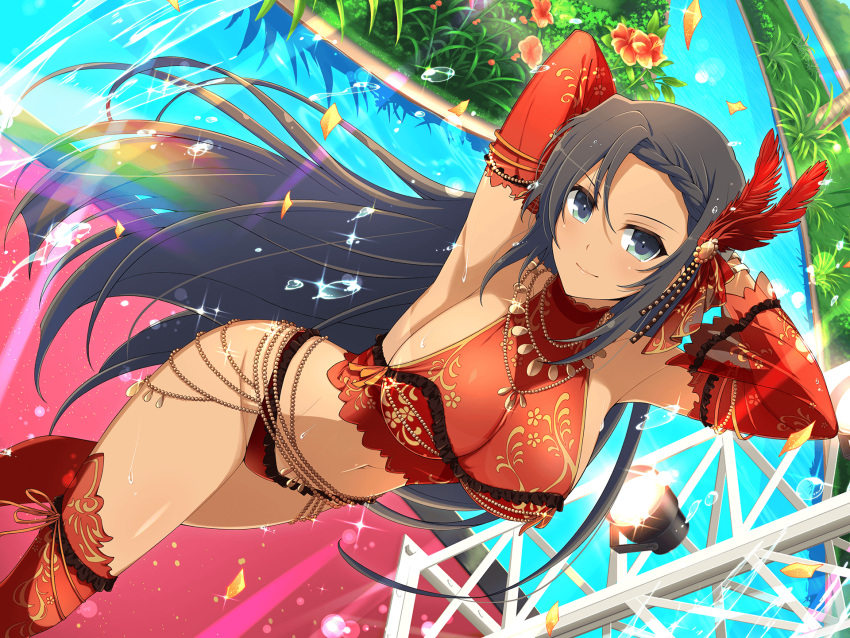 1girl armpits bead_belt black_hair blush breasts confetti dancing dark-skinned_female dark_skin feathers floral_print flower grass green_eyes hair_ornament highres homura_(senran_kagura) jewelry large_breasts long_hair looking_at_viewer navel official_alternate_costume official_alternate_hairstyle official_art palm_tree pool red_flower senran_kagura senran_kagura_new_link senran_kagura_shoujo-tachi_no_shin'ei sideboob smile solo stage stage_lights tan tree very_long_hair water water_drop yaegashi_nan