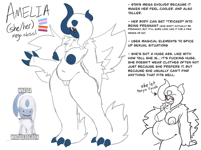absol amelia_(girlpenisworld) anthro belly big_breasts big_butt blush breasts butt claws digital_media_(artwork) fake_pregnancy female fur generation_3_pokemon genitals girlpenisworld hi_res huge_breasts huge_butt humanoid magic_user mega_absol mega_evolution model_sheet nintendo nipples nude pokemon pokemon_(species) pregnant pussy solo text thick_thighs trans_(lore) trans_woman_(lore) white_body white_fur wide_hips wings