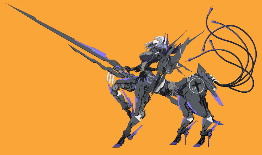1girl absurdres android armored_bodysuit breasts cable cable_tail centauroid closed_mouth commentary_request full_body gomio_(ou) grey_hair hair_ornament hairclip hand_on_own_hip highres holding holding_polearm holding_weapon incredibly_absurdres joints large_breasts looking_at_viewer mecha_musume mechanical_arms mechanical_legs mechanical_parts mechanical_tail medium_hair multiple_legs polearm punishing:_gray_raven robot_joints rosetta_(punishing:_gray_raven) sidelocks solo standing standing_on_three_legs tail taur visor_(armor) weapon white_hair x_hair_ornament yellow_eyes