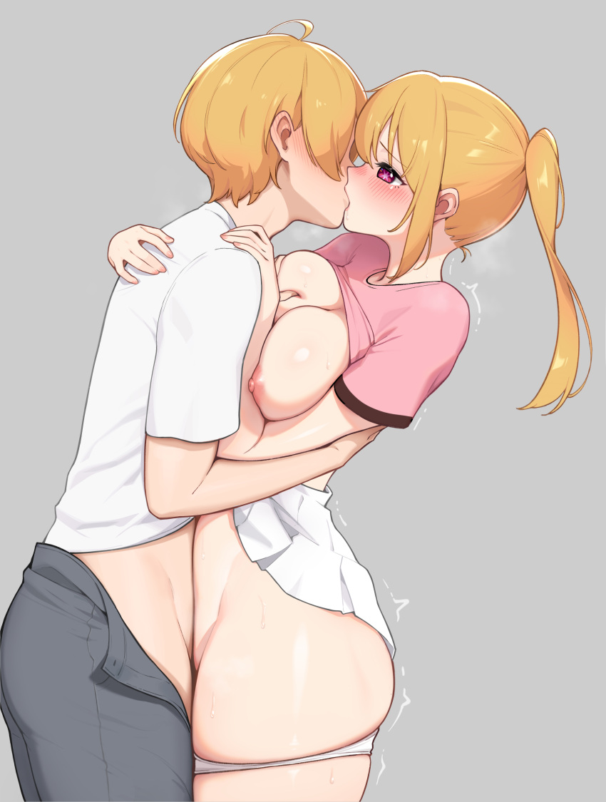 1boy 1girl absurdres ahoge blonde_hair blush breasts brother_and_sister clothes_lift clothes_pull ear_blush grabbing grabbing_another's_breast grey_background hetero highres hoshino_aquamarine hoshino_ruby houkago_shounen hug incest kiss large_breasts nipples oshi_no_ko panties pants pants_pull panty_pull pink_shirt ponytail profile red_eyes sex shirt shirt_lift siblings simple_background skindentation skirt skirt_lift standing standing_sex star-shaped_pupils star_(symbol) sweatdrop symbol-shaped_pupils trembling twincest twins underwear white_shirt