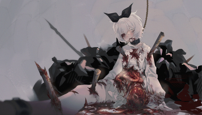 1girl absurdres amputee black_bow black_collar blood blood_from_mouth blood_on_clothes blood_on_face bow collar disembowelment dress entrails expressionless grey_background guro hair_bow highres impaled injury li_xueyao missing_eye organs original rope short_hair sitting solo white_dress white_eyes white_hair