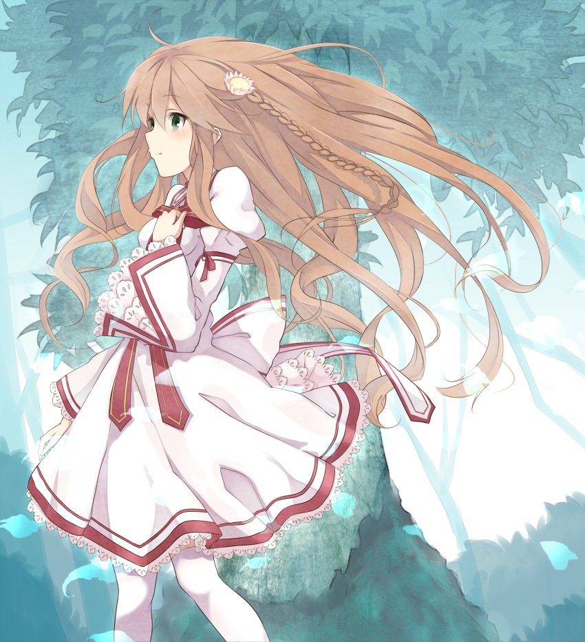 1girl absurdres ahoge braid brown_hair closed_mouth commentary_request cowboy_shot day dress eyelashes falling_leaves floating_clothes floating_hair flower forest frilled_dress frilled_sleeves frills from_side green_eyes hair_between_eyes hair_flower hair_ornament hand_up highres juliet_sleeves kanbe_kotori kazamatsuri_institute_high_school_uniform kujou_ichiso leaf light_blush long_hair long_sleeves looking_afar nature outdoors pink_flower profile puffy_sleeves red_ribbon rewrite ribbon school_uniform smile solo standing thighhighs tree twin_braids very_long_hair wavy_hair white_dress white_thighhighs wide_sleeves