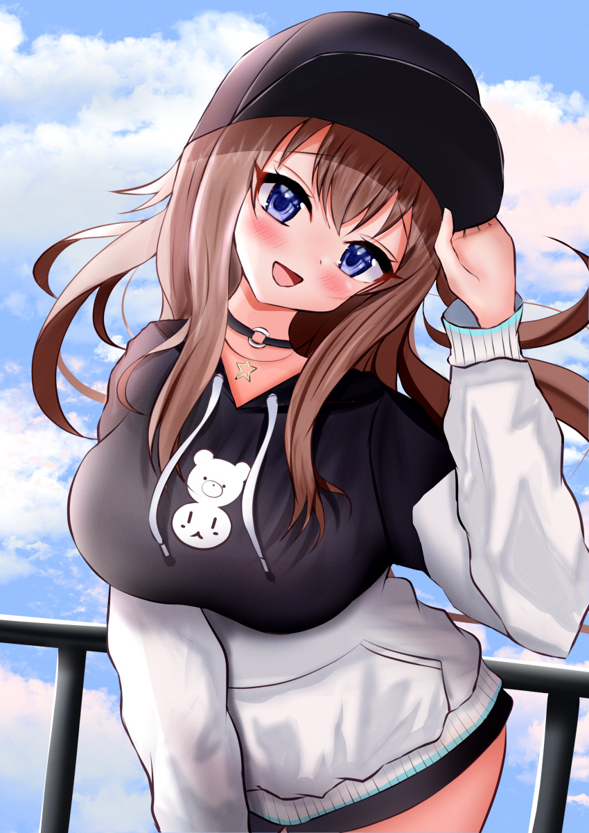 1girl absurdres baseball_cap black_headwear black_hoodie blue_eyes boots brown_hair hat highres hololive hood hoodie kai-yo official_alternate_costume solo thighs tokino_sora tokino_sora_(6th_costume) two-tone_hoodie virtual_youtuber white_hoodie