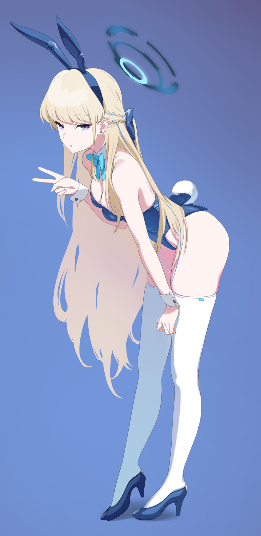1girl :o absurdres animal_ears backless_leotard bare_shoulders blonde_hair blue_archive blue_background blue_bow blue_eyes blue_hairband blue_leotard bow bowtie braid breasts detached_collar ear_piercing fake_animal_ears fake_tail hairband halo high_heels highleg highleg_leotard highres leaning_forward leotard long_hair medium_breasts official_alternate_costume official_alternate_hairstyle parted_lips piercing playboy_bunny rabbit_ears rabbit_tail sanzoku solo tail thighhighs thighs toki_(blue_archive) toki_(bunny)_(blue_archive) v very_long_hair white_thighhighs wrist_cuffs