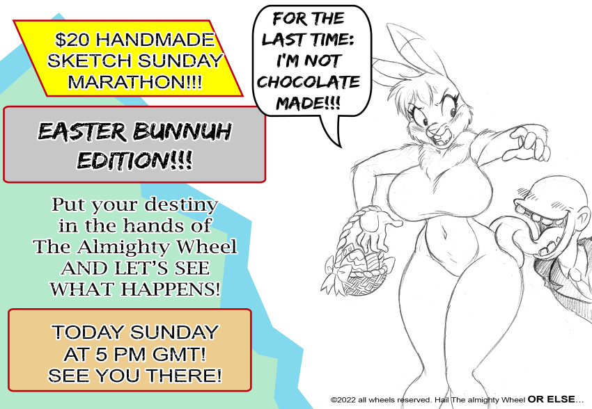 2022 absurd_res angry anon anthro basket big_breasts blush breasts chochi clothing container curvy_figure dewlap_(anatomy) dialogue duo easter easter_basket easter_bunny easter_egg faceless_character faceless_male featureless_crotch female graphite_(artwork) hi_res holidays hourglass_figure huge_breasts human humanoid knees_together lagomorph leporid licking male male/female mammal nude pencil_(artwork) rabbit sketch suit tongue tongue_out traditional_media_(artwork) uniboob wide_hips