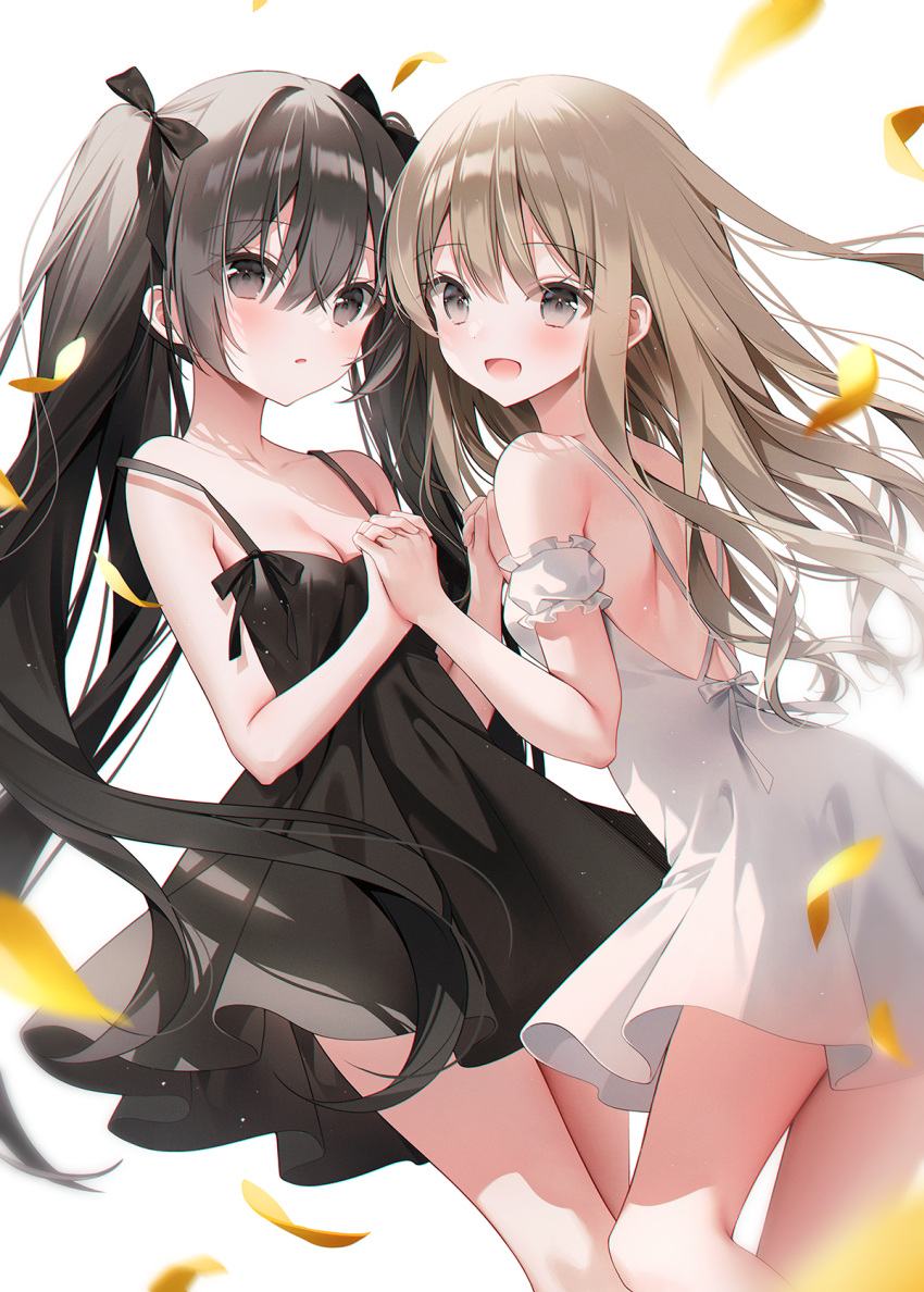 2girls backless_dress backless_outfit bare_shoulders black_dress black_eyes black_hair black_ribbon breasts brown_eyes brown_hair cleavage collarbone cowboy_shot dress falling_leaves floating_hair hair_between_eyes hair_ribbon highres holding_hands leaf long_hair looking_at_viewer medium_hair multiple_girls off_shoulder open_mouth original parted_lips ribbon sidelocks simple_background sleeveless smile thighs twintails weri white_background white_dress yellow_leaves