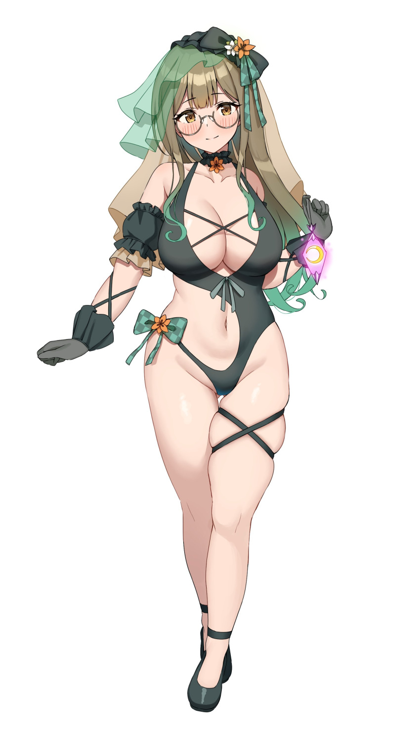 1girl absurdres ass_visible_through_thighs bare_shoulders breasts brown_eyes brown_hair closed_mouth collarbone commentary full_body glasses gloves gradient_hair green_hair grey_gloves groin highleg highleg_swimsuit highres holding idolmaster idolmaster_shiny_colors kuwayama_chiyuki large_breasts light_smile long_hair looking_at_viewer multicolored_hair navel one-piece_swimsuit semi-rimless_eyewear skindentation solo standing swimsuit thigh_gap thighs veil wanimaru