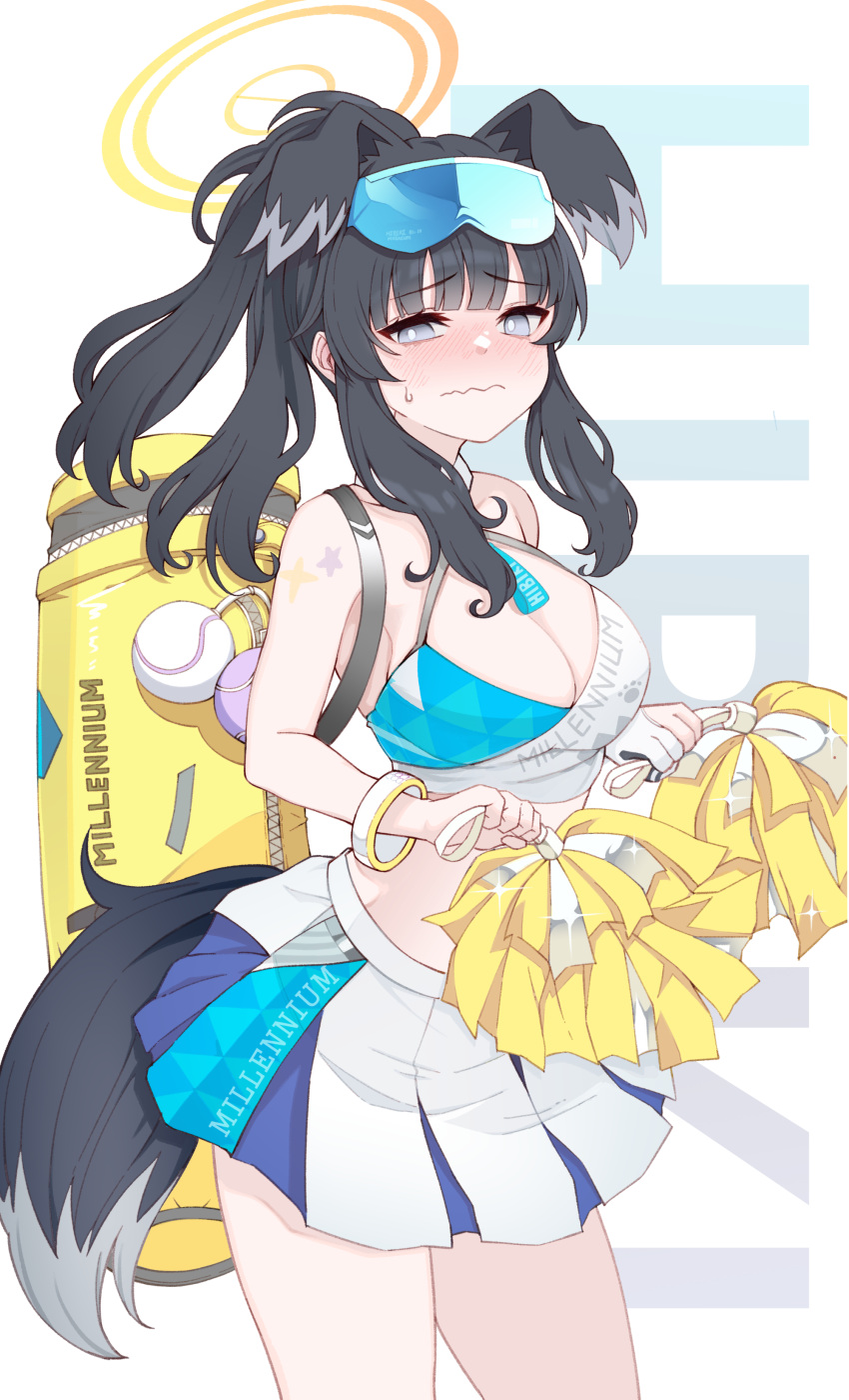 1girl absurdres anavi animal_ears bare_shoulders black_hair blue_archive blue_skirt breasts bright_pupils cheerleader cleavage closed_mouth commentary_request criss-cross_halter dog_ears dog_girl dog_tail embarrassed gloves golf_bag grey_eyes halo halterneck hibiki_(blue_archive) hibiki_(cheer_squad)_(blue_archive) high_ponytail highres looking_at_viewer medium_hair millennium_cheerleader_outfit_(blue_archive) miniskirt multicolored_clothes multicolored_skirt partially_fingerless_gloves pleated_skirt pom_pom_(cheerleading) single_glove skirt solo standing star_sticker sticker_on_arm sweatdrop tail thighs wavy_mouth white_pupils white_skirt