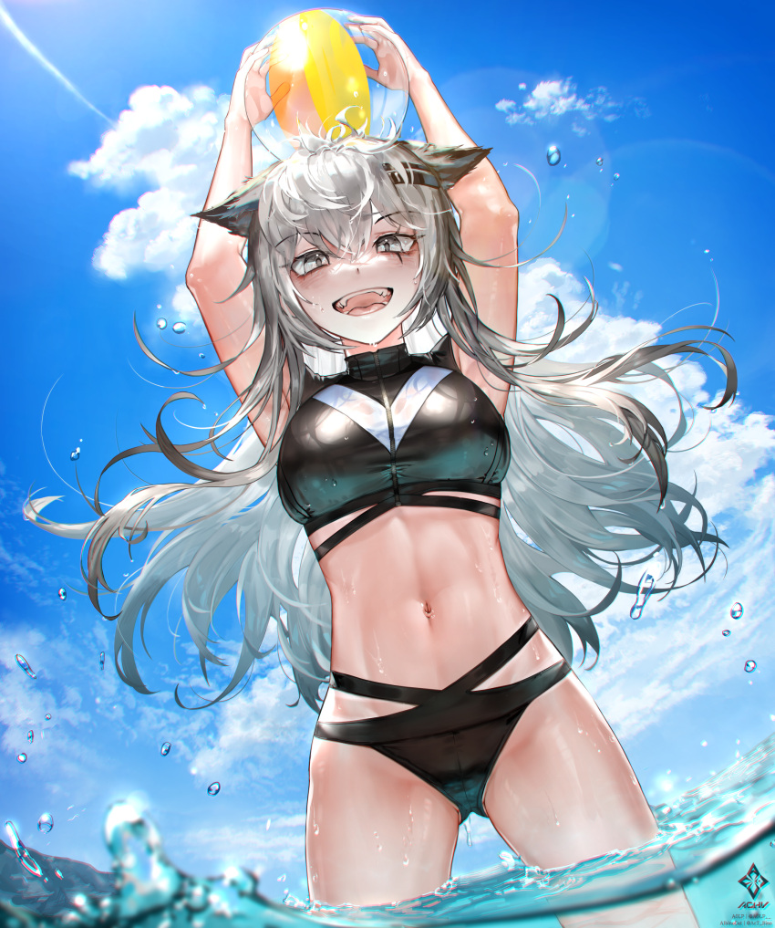 1girl :d a0lp animal_ears arknights armpits arms_up ass_visible_through_thighs ball beachball bikini black_bikini blue_sky blush breasts day grey_eyes grey_hair highres holding holding_ball holding_beachball lappland_(arknights) large_breasts long_hair looking_at_viewer navel open_mouth outdoors scar scar_across_eye scar_on_face sky smile solo stomach swimsuit teeth upper_teeth_only very_long_hair wading water wolf_ears