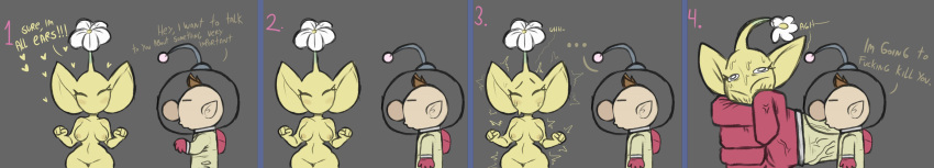 &lt;3 absurd_res areola big_ears blush bodily_fluids breasts comic cumlord dialogue duo elemental_creature elemental_humanoid ellipsis eyelashes eyes_closed featureless_crotch female flora_fauna flower_on_head grey_background hi_res humanoid humanoid_pointy_ears justcoffee long_image male navel nintendo nipples olimar pikmin pikmin_(species) plant plant_humanoid simple_background sweat sweatdrop tan_areola tan_nipples text thick_thighs wide_hips wide_image yellow_body yellow_pikmin