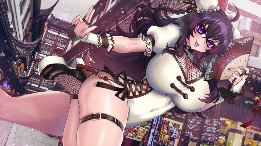 1girl absurdres ahoge architecture china_dress chinese_clothes covered_navel crawling_dreams double_bun dress east_asian_architecture fishnets gloves hair_bun hand_fan highres leg_up long_hair merryweather naughty_face navel nyarla_(osiimi) osiimi paid_reward_available purple_eyes purple_hair steam steaming_body tongue tongue_out white_gloves