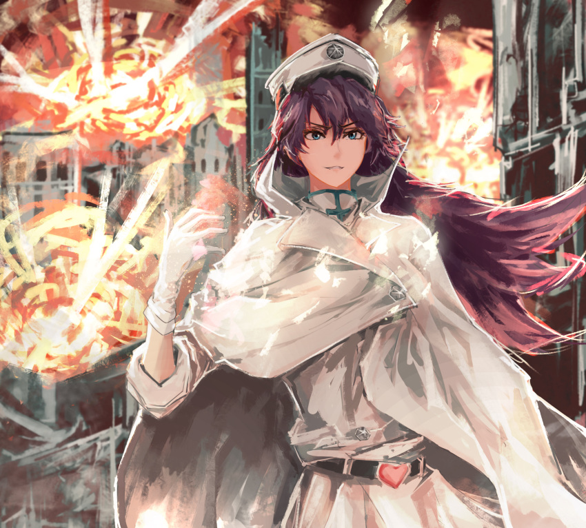 1girl arm_up bambietta_basterbine belt black_hair bleach bleach:_the_thousand-year_blood_war blue_eyes building burning_building cape cityscape explosion floating_hair gloves hair_between_eyes hat heart highres huijin military_hat military_uniform quincy skirt solo sternritter uniform white_cape white_gloves