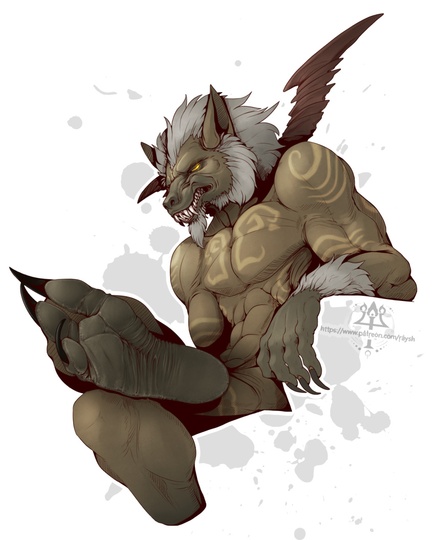anthro barefoot canid canine canis claws feet foot_fetish foot_focus fur hair hi_res humanoid_feet kredri male mammal ninja_gaiden nude paws plantigrade simple_background soles solo teeth toe_claws toes wolf