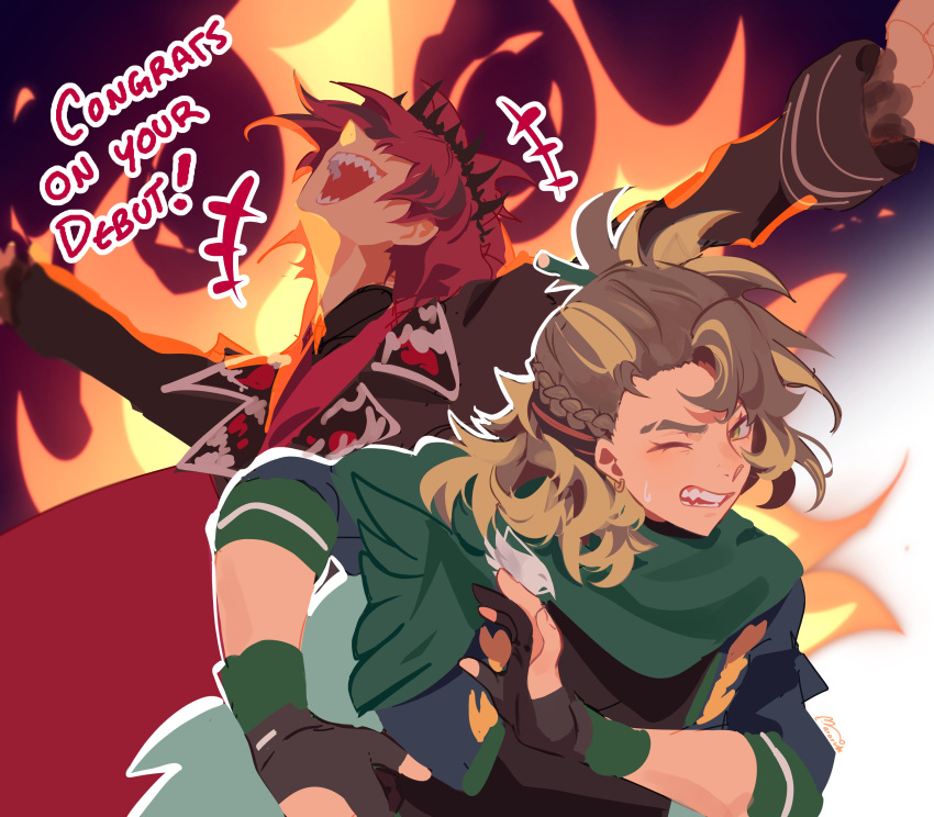 2boys absurdres black_jacket black_shirt blonde_hair brown_hair cape covered_eyes crazy_laugh crazy_smile crown earrings english_text fire gloves goldbullet green_cape highres holoarmis holostars holostars_english jacket jewelry jurard_t_rexford long_hair mararu multicolored_hair multiple_boys one_eye_closed open_mouth outline outstretched_arms partially_fingerless_gloves ponytail red_hair sharp_teeth shirt short_hair smile spread_arms streaked_hair sweatdrop teeth two-tone_hair upper_body virtual_youtuber white_outline yellow_eyes