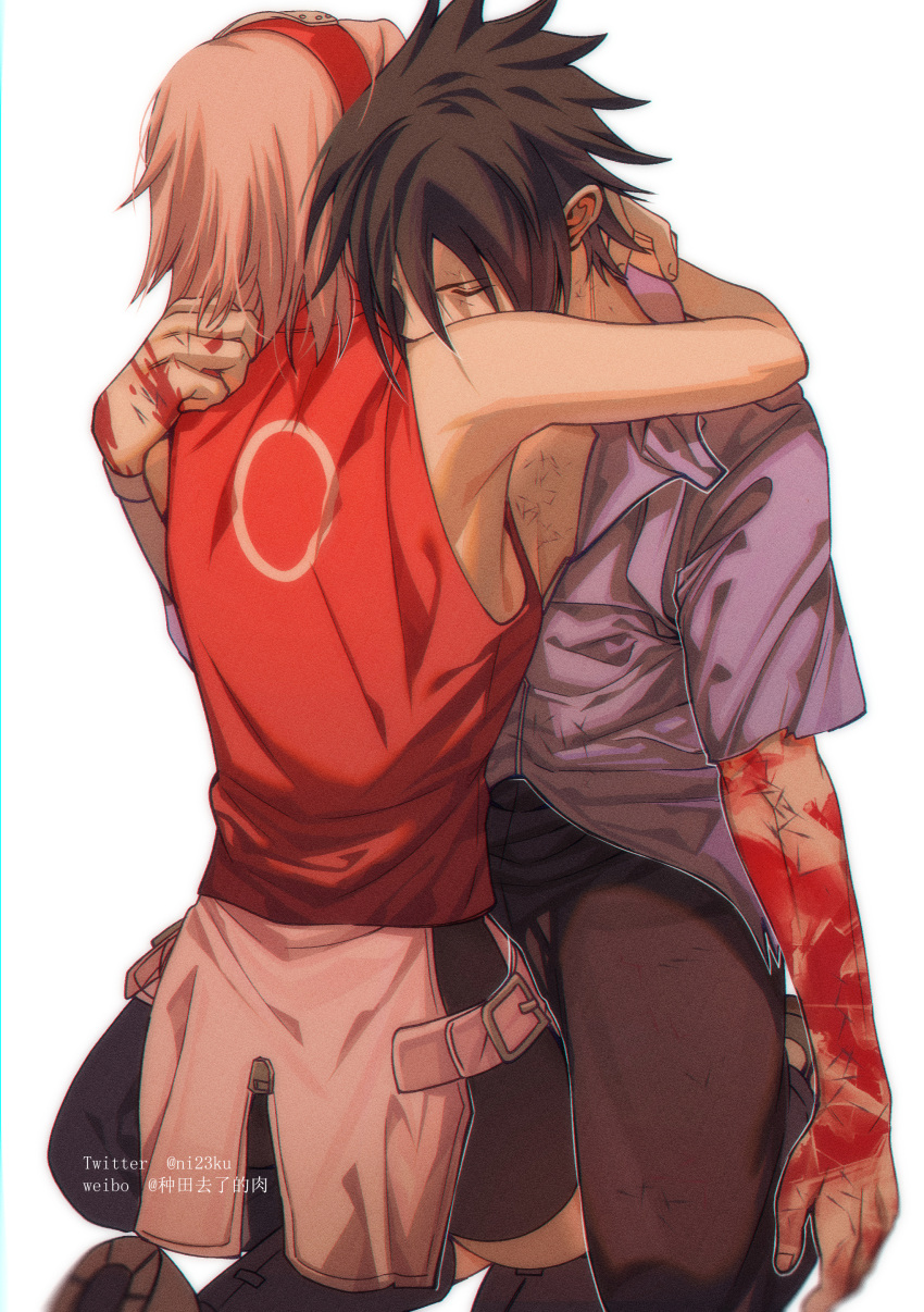 1boy 1girl absurdres belt bike_shorts black_hair black_pants blood blood_on_arm blood_on_hands chinese_commentary closed_eyes commentary_request dirty forehead_protector hairband haruno_sakura highres hug kneeling naruto_(series) naruto_shippuuden niku_(ni23ku) pants pink_hair red_hairband twitter_username uchiha_sasuke