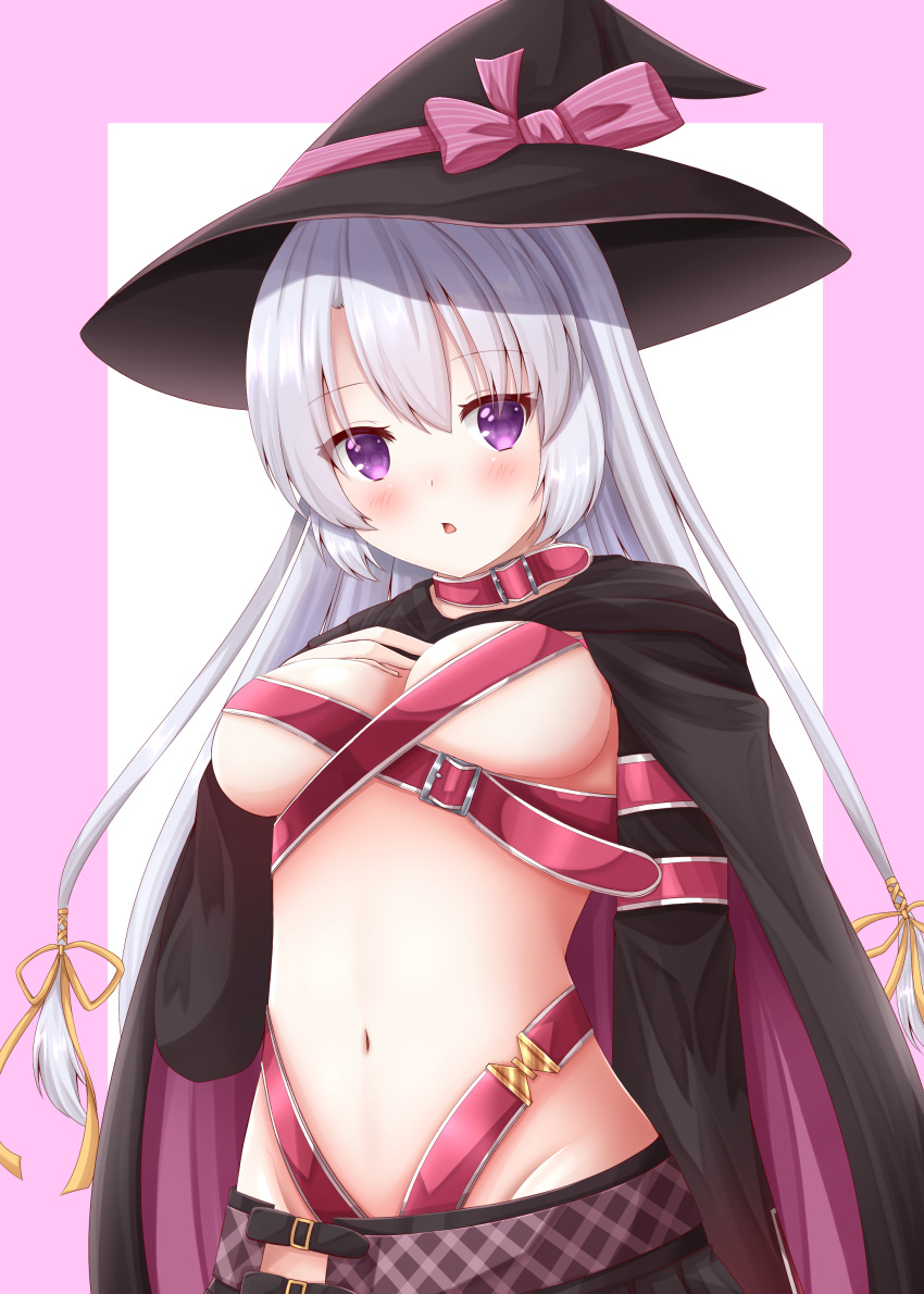 1girl absurdres arm_at_side ayachi_nene belt belt_bra belt_collar black_cloak black_headwear blush border bow breasts cloak collar commentary eyelashes eyes_visible_through_hair grey_hair groin hair_between_eyes hair_ribbon hand_up hat hat_bow highres large_breasts long_hair long_sleeves looking_at_viewer n_rinkoro navel open_mouth pink_belt pink_border pink_bow purple_eyes ribbon sanoba_witch simple_background solo stomach straight_hair upper_body very_long_hair white_background wide_sleeves witch witch_hat yellow_ribbon