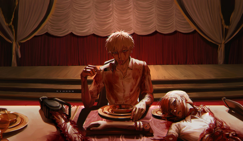 1boy 1girl absurdres artist_name blonde_hair blood blood_on_clothes blood_on_face blood_on_weapon braid braided_ponytail cannibalism chainsaw chainsaw_man collared_shirt denji_(chainsaw_man) dismemberment fork guro highres holding holding_fork looking_at_viewer makima_(chainsaw_man) medium_hair nthndn plate red_eyes red_hair ringed_eyes severed_head severed_limb shirt short_hair sidelocks table theater tongue tongue_out weapon white_shirt
