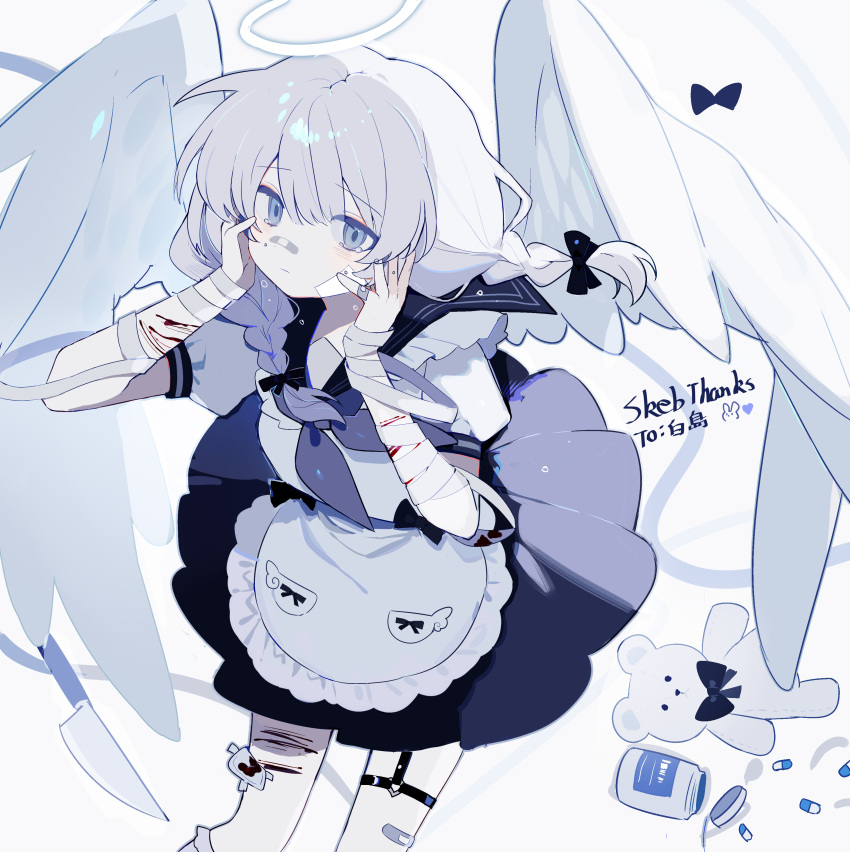 1girl absurdres angel_wings apron bandaged_arm bandages bandaid bandaid_on_face black_sailor_collar black_skirt blue_eyes blue_neckerchief borrowed_character braid closed_mouth commission hakushima halo highres huasha looking_at_viewer maid neckerchief original pill_bottle puffy_short_sleeves puffy_sleeves sailor_collar self_harm short_sleeves simple_background skeb_commission skirt solo stuffed_animal stuffed_toy teddy_bear twin_braids white_background white_hair white_wings wings