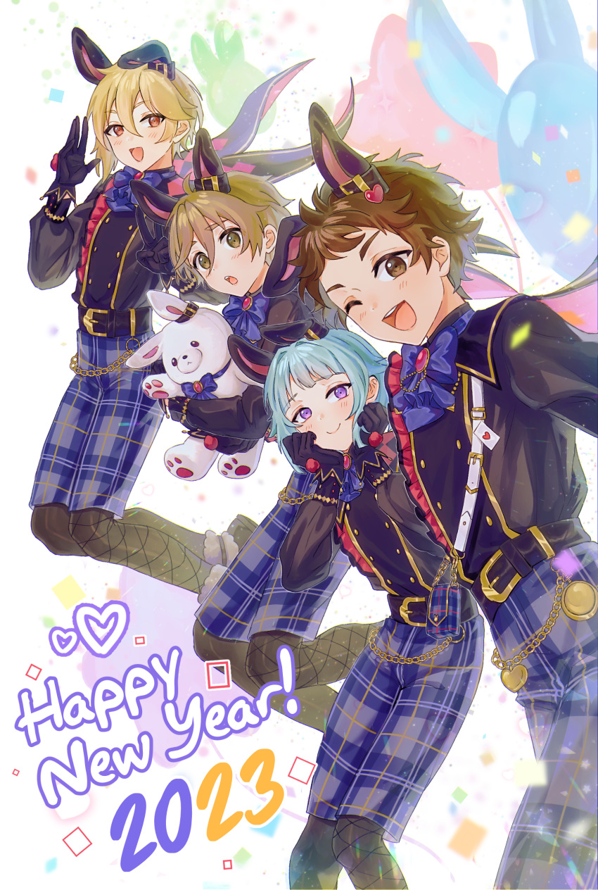 :d absurdres animal_ears aqua_hair belt black_belt black_gloves blonde_hair blunt_bangs blush bow bowtie brown_eyes brown_hair buttons chain closed_mouth commentary confetti english_commentary ensemble_stars! feet_out_of_frame gloves hair_between_eyes happy_new_year highres long_sleeves looking_at_viewer mashiro_tomoya nito_nazuna official_alternate_costume one_eye_closed open_mouth plaid plaid_shorts purple_eyes rabbit_ears rabbits_(ensemble_stars!) red_eyes shino_hajime short_hair shorts smile star_balloon stuffed_animal stuffed_rabbit stuffed_toy teeth tenma_mitsuru upper_teeth_only x0_4n