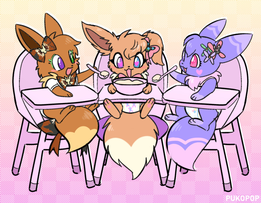 ava_(sweetcupcake) baby bow_ribbon bowl brown_body container cutlery diaper eevee female food friends generation_1_pokemon gracie_(sweetcupcake) group heterochromia hi_res high_chair kitchen_utensils nintendo pokemon pokemon_(species) pukopop purple_body spoon tools trio young