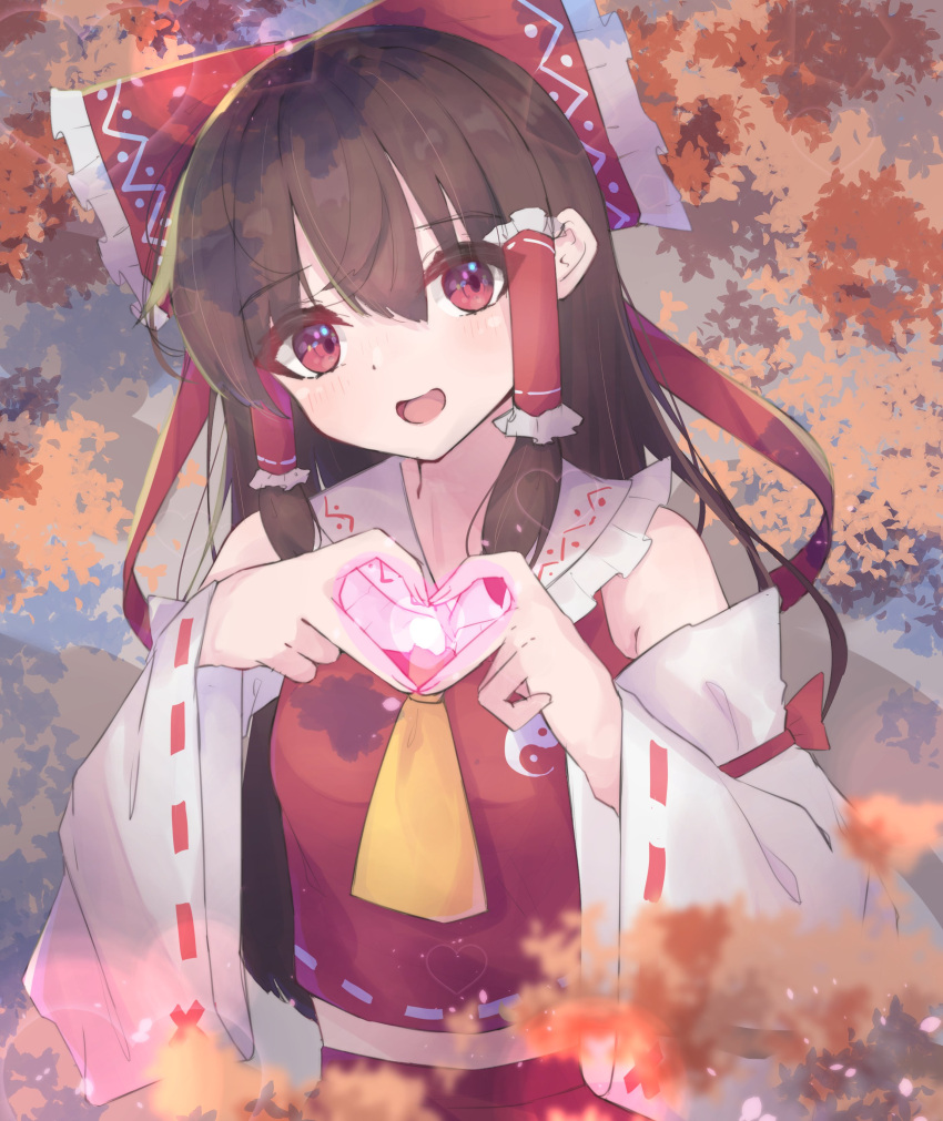 1girl absurdres ascot bow brown_hair commentary_request detached_sleeves hair_bow hair_tubes hakurei_reimu heart heart_hands highres long_hair looking_at_viewer matcha_yado open_mouth outdoors red_bow red_eyes red_vest ribbon-trimmed_sleeves ribbon_trim sidelocks solo touhou upper_body vest wide_sleeves yellow_ascot yin_yang yin_yang_print