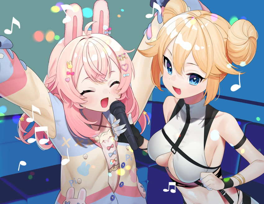 2girls 786(nayam) absurdres ahoge animal_ears arm_strap arms_up black_gloves blonde_hair blue_bow bow breasts cleavage clenched_hand closed_eyes covered_collarbone criss-cross_halter crop_top double_bun gloves hair_between_eyes hair_bow hair_bun hair_ornament halterneck heart heart_hair_ornament highres holding holding_microphone jacket kaneko_lumi karaoke large_breasts microphone multicolored_clothes multicolored_coat multiple_girls musical_note navel open_mouth phase_connect pink_bow pink_hair pipkin_pippa pipkin_pippa_(1st_costume) rabbit_ears rabbit_girl rabbit_hair_ornament second-party_source single_glove