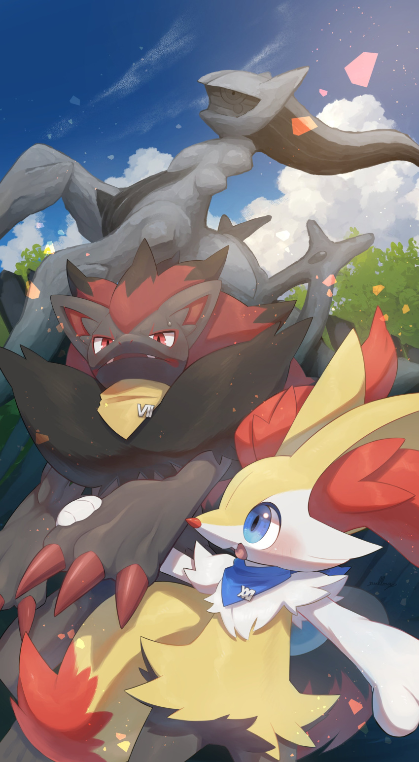2023 3_claws absurd_res arceus biped black_arms black_body black_ears blue_eyes blue_scarf blue_sky blush bodily_fluids braixen claws cloud colored day desire_(icma) digital_media_(artwork) digital_painting_(artwork) duo feral fur fur_tuft generation_4_pokemon generation_5_pokemon generation_6_pokemon hair hand_holding happy hi_res inner_ear_fluff lapel_pin legendary_pokemon lir_(icma) male_(lore) markings nintendo nullma open_mouth orange_inner_ear_fluff orange_nose orange_tail_tip outside pink_tongue plant pmd:_icma pokemon pokemon_(species) pokemon_mystery_dungeon quadruped red_claws red_eyes red_hair red_inner_ear red_markings roman_numeral scarf sculpture shadow sharp_teeth signature sky statue sweat tail teeth tongue tree tuft white_arms white_body white_fur yellow_body yellow_ears yellow_fur yellow_scarf yellow_tail zoroark