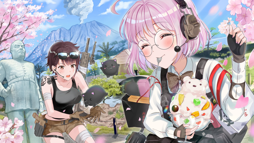 2girls absurdres ahoge animal_print bob_cut brown_hair camouflage camouflage_skirt delta_(nikke) eyewear_on_head field_radio fingerless_gloves food glasses gloves goddess_of_victory:_nikke headset highres holster knife_holster microphone multiple_girls niwata0 pig plate_carrier pouch rabbit_print radio scenery short_hair shorts signal_(nikke) skirt spoon sunglasses tank_top tattoo utensil_in_mouth weapon weapon_on_back white_hair yellow_eyes