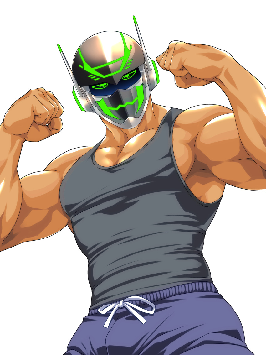 1boy absurdres bara black_sclera black_tank_top blue_pants clenched_hands collarbone colored_sclera cowboy_shot dark-skinned_male dark_skin flexing green_eyes helmet highres looking_at_viewer male_focus milestone_celebration muscular muscular_male nura original pants pectorals pixel_eyes robot_ears sidepec simple_background solo sweatpants tank_top upper_body white_background