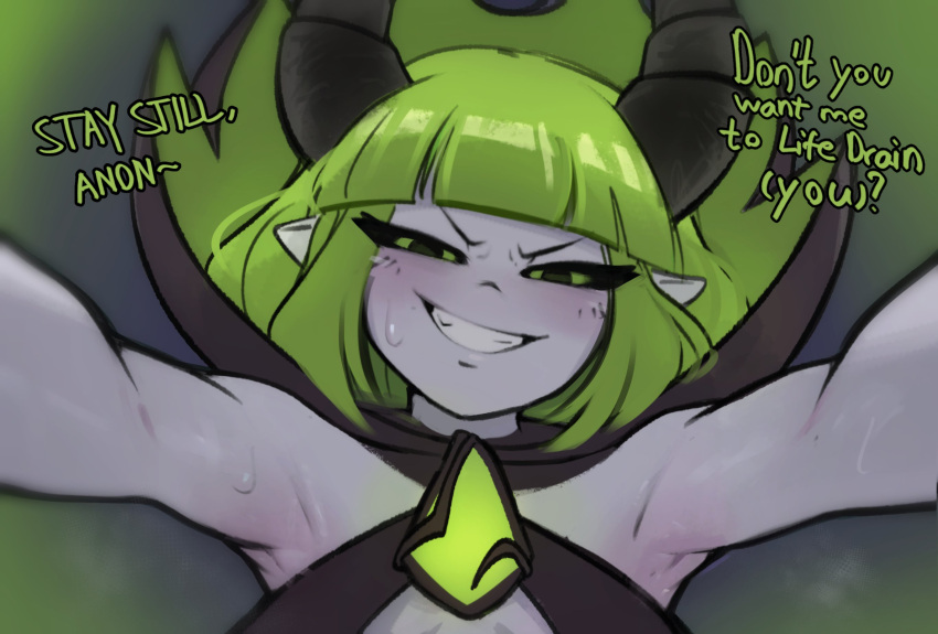 1girl armpits bare_arms bare_shoulders black_eyes blunt_bangs colored_sclera dota_(series) dota_2 english_text green_background green_hair green_sclera grin half-closed_eyes highres horns medium_hair pointy_ears smile solo sorapoi sweat teeth upper_body