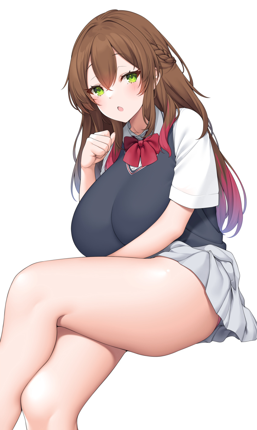 1girl :o absurdres black_vest bow bowtie braid breasts brown_hair collared_shirt colored_tips crossed_legs curvy green_eyes grey_skirt hand_up highres huge_breasts long_hair looking_at_viewer multicolored_hair original panties pink_panties pleated_skirt red_bow red_bowtie red_hair school_uniform shirt short_sleeves sidelocks simple_background sitting skirt solo suruga_(xsurugax) thighs two-tone_hair underwear vest white_background white_shirt wing_collar