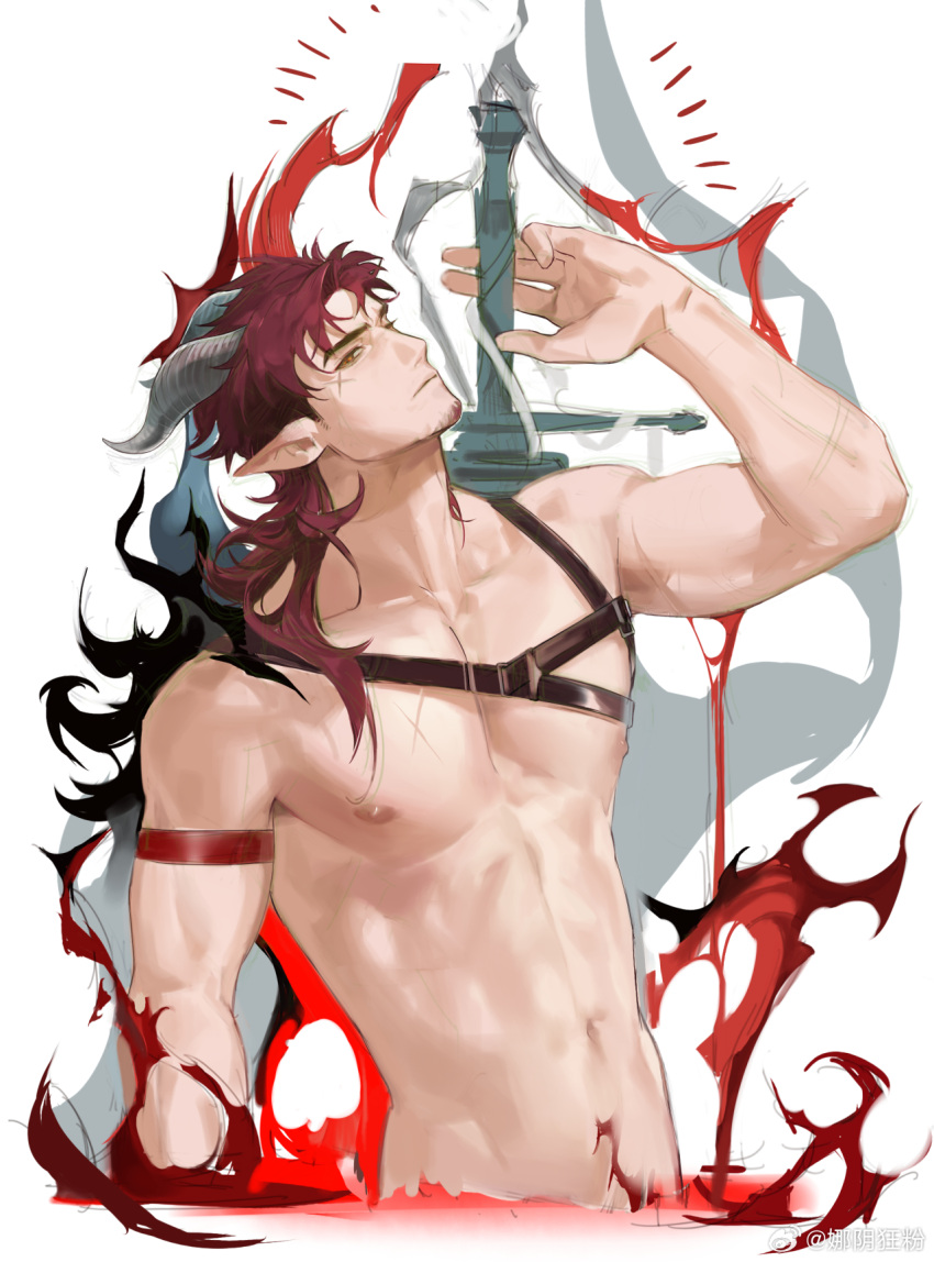 1boy abs bara chest_harness code2_ip cropped_torso demon_boy demon_horns facial_hair fighting_stance goatee hand_up harness head_tilt highres hoederer_(arknights) horns large_pectorals long_hair looking_at_viewer male_focus mature_male muscular muscular_male navel nipples nude pectorals pointy_ears princess_connect! ready_to_draw red_hair sanpaku solo stomach thick_eyebrows