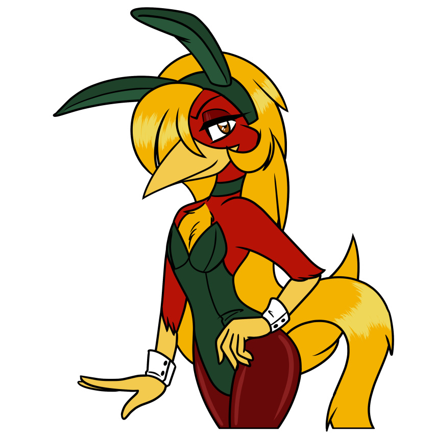 absurd_res anthro avian beak bird bunny_costume chrysolophus clothed clothing costume crossdressing feathers flat_chested galliform glori_gamebird golden_pheasant hair hi_res long_hair long_tail phasianid red_body red_feathers tail yellow_beak yellow_body yellow_feathers