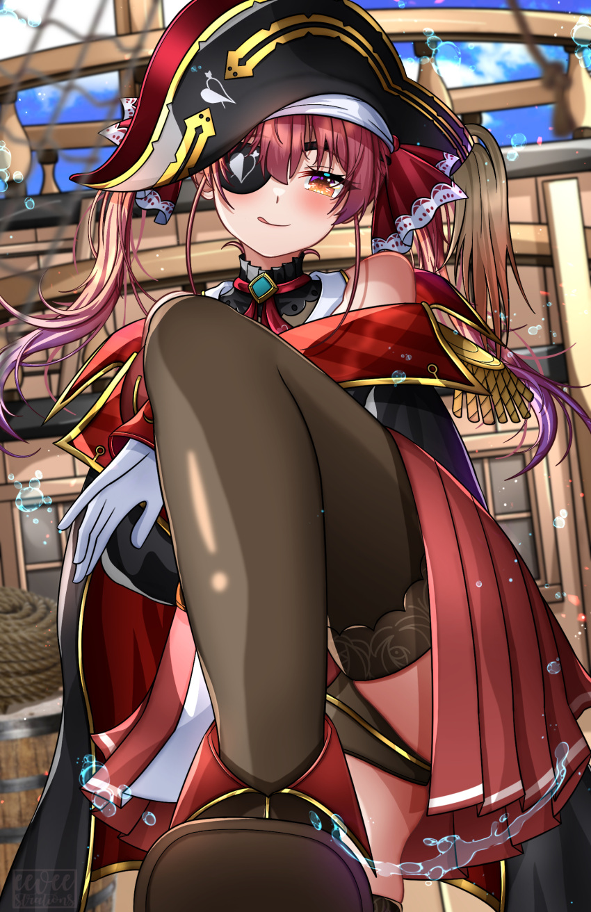1girl absurdres ankle_boots ascot bicorne black_coat black_leotard black_thighhighs blush boots brooch brown_footwear choker coat cropped_jacket eeveestrations eyepatch frilled_choker frills hair_ornament hair_ribbon hat highres hololive houshou_marine houshou_marine_(1st_costume) jacket jewelry leather leather_boots leotard leotard_under_clothes licking_lips long_hair looking_at_viewer miniskirt pirate_hat pirate_ship pleated_skirt red_ascot red_coat red_jacket red_ribbon red_skirt ribbon skirt sleeveless sleeveless_jacket smile solo thighhighs tongue tongue_out twintails two-sided_coat virtual_youtuber yellow_eyes