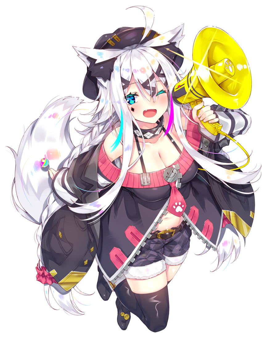 1girl ahoge animal_ear_fluff animal_ears aqua_eyes belt black_belt black_footwear black_headwear black_jacket boots braid breasts candy cleavage fang food grey_hair hair_between_eyes hair_ornament hat highres holding holding_candy holding_food holding_lollipop holding_megaphone jacket lollipop long_hair looking_at_viewer megaphone midriff navel off_shoulder one_eye_closed open_clothes open_jacket open_mouth original rozea_(graphmelt) shorts sidelocks simple_background solo tail thigh_boots very_long_hair white_background