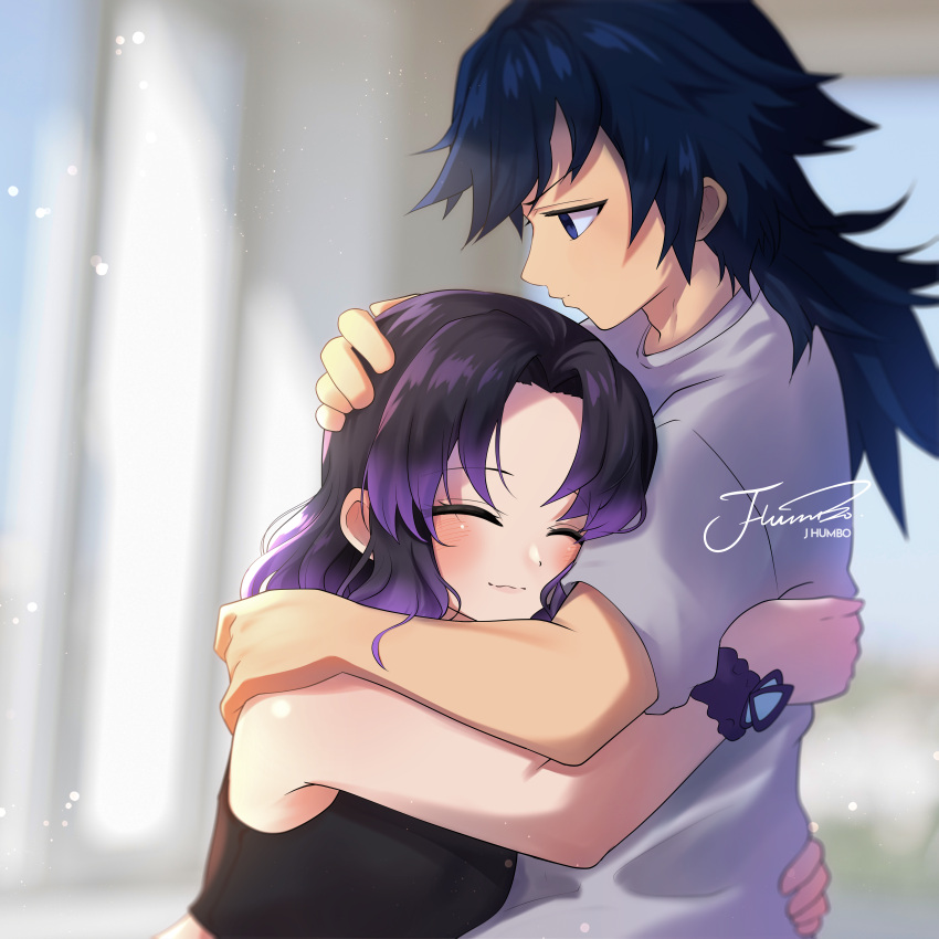 1boy 1girl absurdres black_hair blue_eyes blue_hair closed_eyes closed_mouth couple crop_top gradient_hair highres hug j_humbo kimetsu_no_yaiba kochou_shinobu long_hair medium_hair multicolored_hair purple_hair scrunchie shirt sleeveless sleeveless_shirt tomioka_giyuu wrist_scrunchie