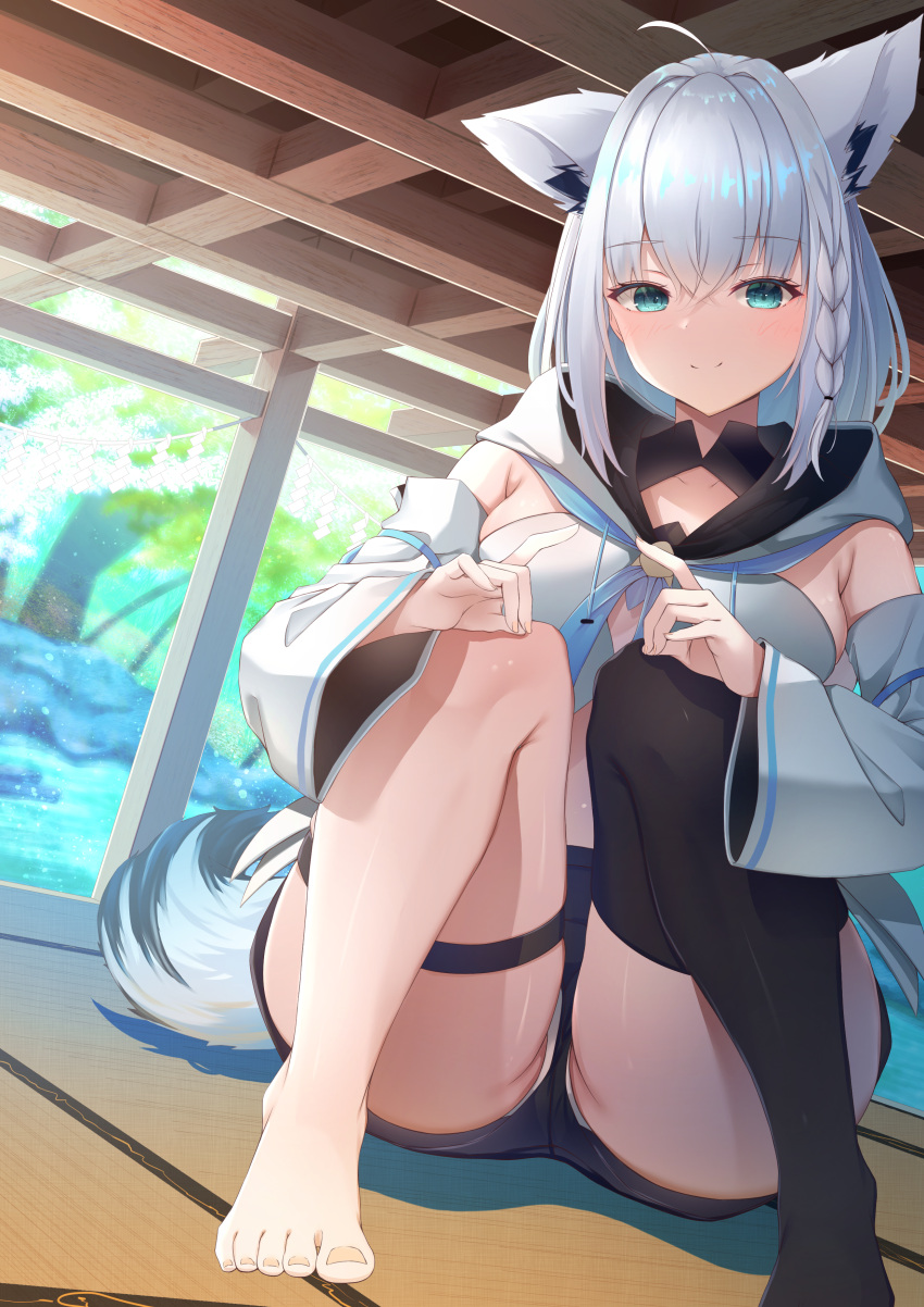 1girl absurdres ahoge animal_ear_fluff animal_ears black_shorts blue_eyes breasts fox_ears fox_girl fox_tail highres hololive hood hoodie looking_at_viewer medium_breasts oimo_imoya shirakami_fubuki shirakami_fubuki_(1st_costume) shorts single_thighhigh smile solo tail thick_thighs thigh_strap thighhighs thighs virtual_youtuber white_hair white_hoodie