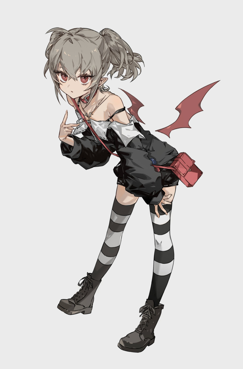 1girl absurdres bare_shoulders black_footwear black_jacket black_skirt black_thighhighs boots collar demon_wings expressionless full_body grey_background grey_hair hand_up highres jacket jiaenn leaning_forward long_sleeves looking_at_viewer makaino_ririmu makaino_ririmu_(2nd_costume) nijisanji no_horn off_shoulder official_alternate_costume parted_lips pointy_ears red_collar red_eyes red_wings short_hair short_twintails simple_background skirt solo standing striped striped_thighhighs thighhighs twintails virtual_youtuber white_thighhighs wings