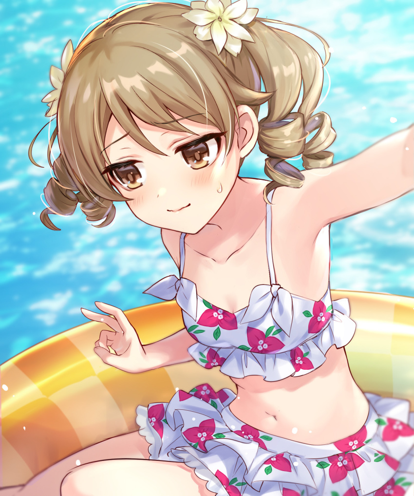 1girl bikini blurry blurry_background blush breasts brown_eyes cleavage collarbone drill_hair floral_print flower frilled_bikini frills hair_flower hair_ornament highres idolmaster idolmaster_cinderella_girls idolmaster_cinderella_girls_starlight_stage iku2727 inflatable_raft long_hair looking_away morikubo_nono navel ringlets selfie shy sitting small_breasts solo swimsuit v water white_bikini