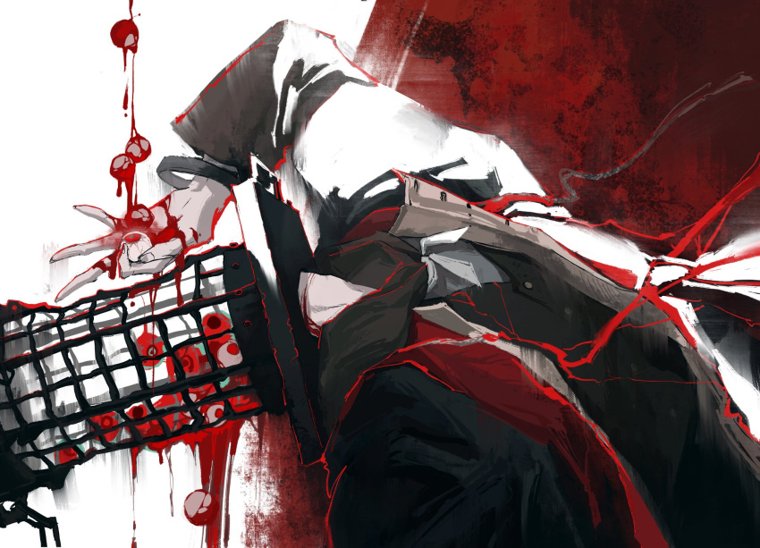 1boy black_jacket blood bloodborne cage cloak eyeball guro highres jacket jiao_chang micolash_host_of_the_nightmare solo