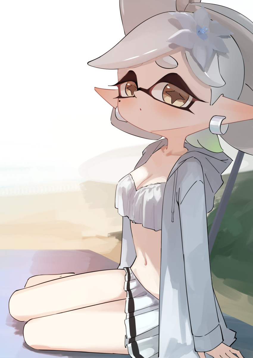 +_+ 1girl bikini breasts cleavage coat dress_swimsuit earrings highres hoop_earrings jewelry marie_(splatoon) midriff mole mole_under_eye navel open_clothes open_coat pointy_ears ponytail solo splatoon_(series) squid swept_bangs swimsuit takkun0926 tentacle_hair white_bikini white_hair yellow_eyes