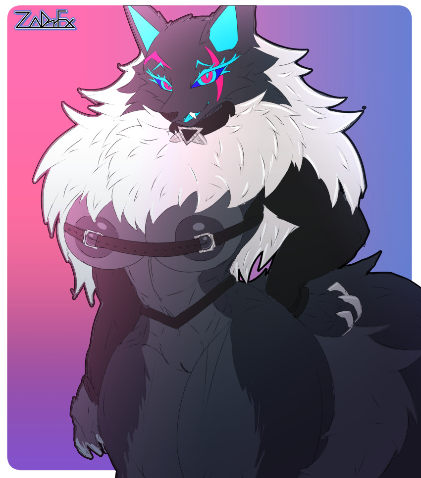 absurd_res anthro belt big_breasts big_butt black_body black_fur blue_eyes breasts butt canid canine canis choker clothed clothing digital_media_(artwork) epic_games female fortnite fur fur_trim_(clothing) genitals hair hi_res huge_breasts jewelry looking_at_viewer mammal markings necklace nipples nude open_mouth pack_leader_highwire pussy red_eyes scar simple_background smile solo standing tail thick_thighs tongue topwear white_body white_fur wolf zadrex