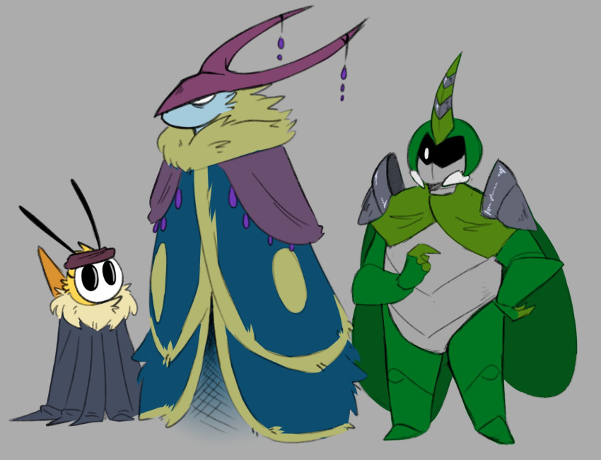 1_horn ambiguous_gender antennae_(anatomy) arthropod bee beetle bug_fables cloak clothing cosplay crossover crossover_cosplay dooblebugs female_(lore) grey_background group hi_res hollow_knight horn hymenopteran insect kabbu_(bug_fables) leif_(bug_fables) lepidopteran male markoth_(hollow_knight) mask moonsprout_games moth simple_background team_cherry the_knight_(hollow_knight) trio vi_(bug_fables) weapon_on_back